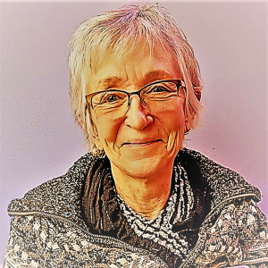 A smiling elderly woman with short gray hair wearing glasses and a patterned sweater. the background has a gradient from purple to pink. the image has a high contrast, illustrated effect.