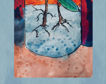 The image is a book cover titled "Roots in Water: Selected and New Poems" by Kathleen Carlton Johnson. It features a watercolor illustration of plant roots submerged in a glass of water with green leaves above.