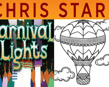 The image features a book cover titled "Carnival Lights" by Chris Stark. The left side shows colorful abstract figures and the title in a stylized font. The right side displays a black and white drawing of a hot air balloon with clouds.