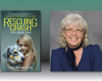 A book cover and an adjacent portrait. The book titled "Rescuing Crash: The Good Dog" features a woman with an Australian Shepherd. The portrait shows an older woman with glasses and gray hair, wearing a blue top, smiling against a gray background.
