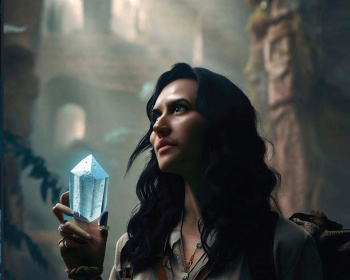Book cover titled "The Alexandria Code: An Isabella Carter Adventure" by Mikel B. Classen. It features a woman holding a glowing crystal in a mysterious, ancient setting with overgrown ruins in the background.