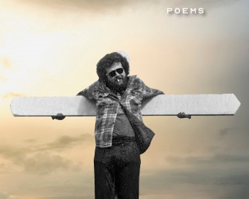 A black-and-white image of a person wearing sunglasses and a plaid shirt stands with arms outstretched, holding a large plank, against a cloudy sky. The text reads: "VIGIL Poems Ellen Lord.