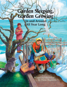 A winter scene with two children sitting outside near a snowy, leafless tree, writing and reading. A raccoon is beside a bag labeled "PEAT MOSS." The background shows a fenced garden and birds, with the book title overlaid.