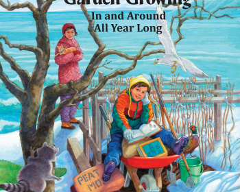 A winter scene with two children sitting outside near a snowy, leafless tree, writing and reading. A raccoon is beside a bag labeled "PEAT MOSS." The background shows a fenced garden and birds, with the book title overlaid.